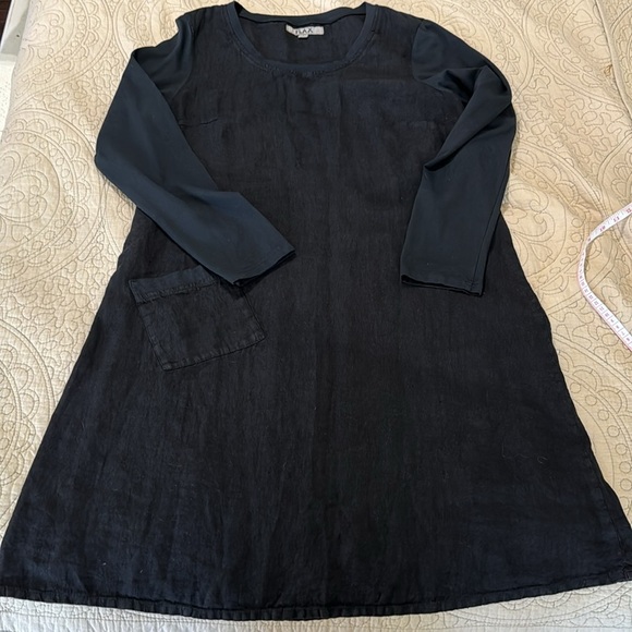 FLAX Woman’s 100% Linen Black Leganlook Tunic, Long Sleeve Pocket Dress - Picture 9 of 11